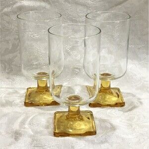 Vintage Juice Glasses Yellow Stem Nordic Topaz Square Pedestal Footed Set 3